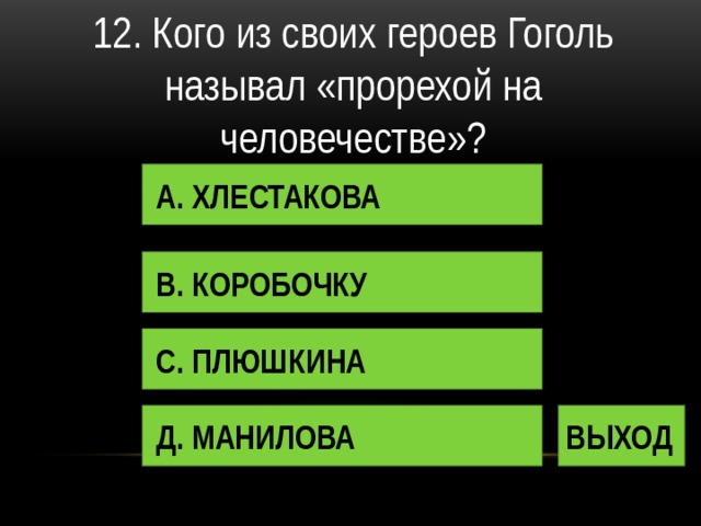 12. Кого из своих героев Гоголь называл «прорехой на человечестве»? А. ХЛЕСТАКОВА В. КОРОБОЧКУ С. ПЛЮШКИНА Д. МАНИЛОВА ВЫХОД