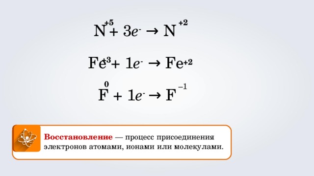 +5 +2 N  + 3 e -  → N Fe + 1 e -  →  Fe +3 +2 0 – 1 F + 1 e - → F Восстановление — процесс присоединения электронов атомами, ионами или молекулами. 