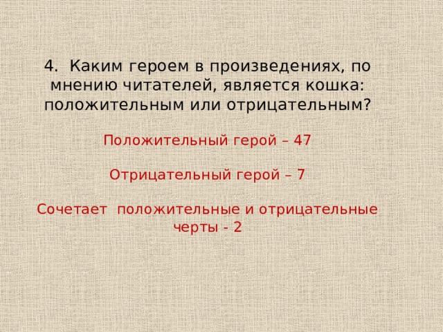 4. Каким героем в произведениях, по мнению читателей, является кошка: положительным или отрицательным?   Положительный герой – 47   Отрицательный герой – 7   Сочетает положительные и отрицательные черты - 2   