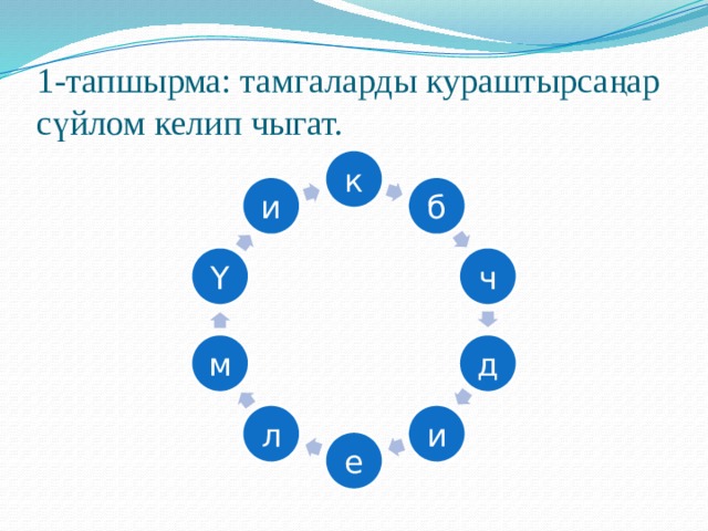 1-тапшырма: тамгаларды кураштырсаңар сүйлом келип чыгат. к б и ч Ү д м и л е 