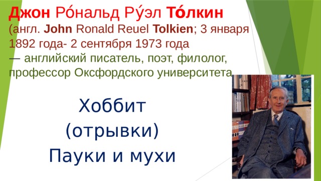 Джон Ро́нальд Ру́эл То́лкин  (англ. John Ronald Reuel Tolkien ; 3 января 1892 года- 2 сентября 1973 года  —  английский писатель, поэт, филолог, профессор Оксфордского университета. Хоббит (отрывки) Пауки и мухи 