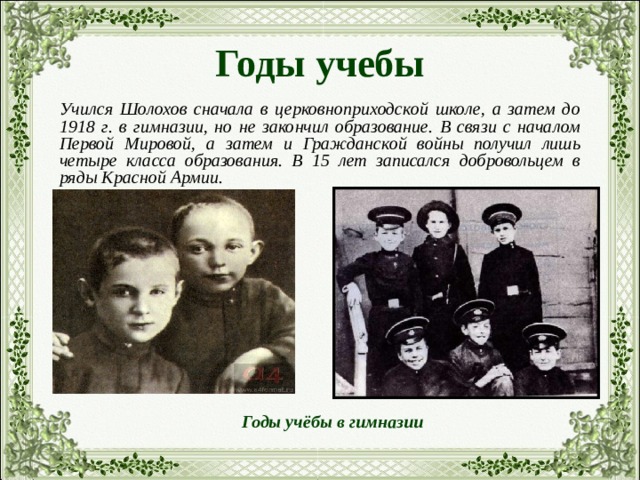 Годы учебы Учился Шолохов сначала в церковноприходской школе, а затем до 1918 г. в гимназии, но не закончил образование. В связи с началом Первой Мировой, а затем и Гражданской войны получил лишь четыре класса образования. В 15 лет записался добровольцем в ряды Красной Армии. Годы учёбы в гимназии 