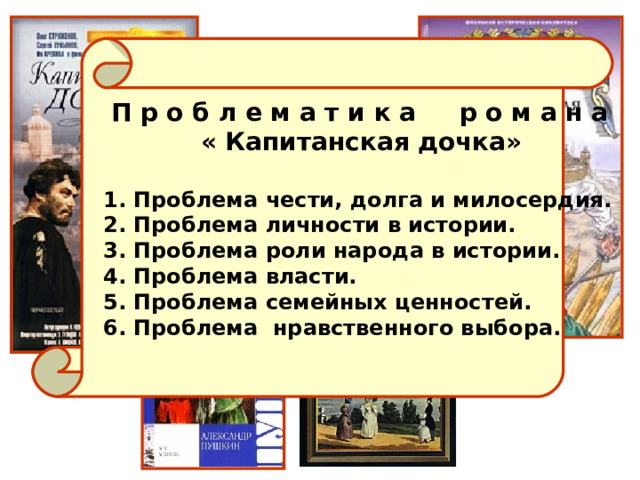  П р о б л е м а т и к а р о м а н а  « Капитанская дочка»   1. Проблема чести, долга и милосердия.  2. Проблема личности в истории.  3. Проблема роли народа в истории.  4. Проблема власти.  5. Проблема семейных ценностей.  6. Проблема нравственного выбора. Проблематика романа 