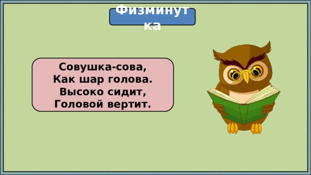 Физминутка Совушка-сова,  Как шар голова.  Высоко сидит,  Головой вертит. 