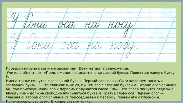 Провести письмо с комментированием. Дети читают предложение.  Учитель объясняет: «Предложение начинается с заглавной буквы. Пишем заглавную букву У . Имена также пишутся с заглавной буквы. Первый слог слова Сони начинаем писать с заглавной буквы С . Это слог-слияние со , пишем его с гласной буквой о . Второй слог-слияние ни , при присоединении его к первому получается слово Сони . Эти слова пишутся отдельно. Между ними должна свободно вписываться буква и . Третье слово оса . Первый слог — гласная о , второй слог-слияние са присоединяем к первому, пишем его с гласной а . Получилось слово оса ». В конце ставим точку. Учитель предлагает несколько раз прочитать написанное предложение 