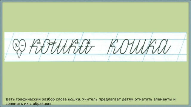 Дать графический разбор слова кошка . Учитель предлагает детям отметить элементы и сравнить их с образцом 