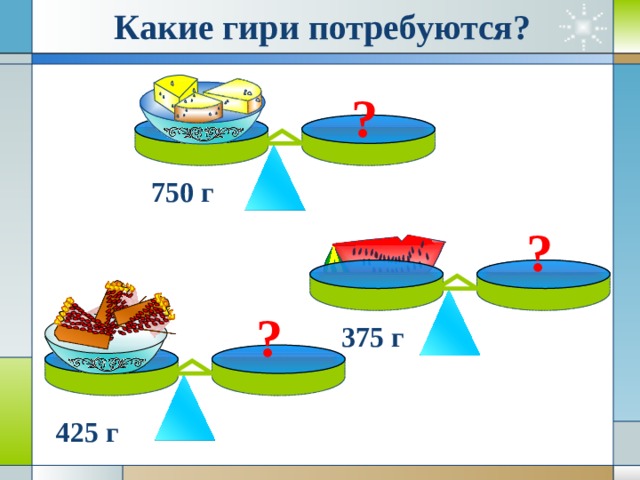 Какие гири потребуются? ? 750 г ? ? 375 г 425 г 