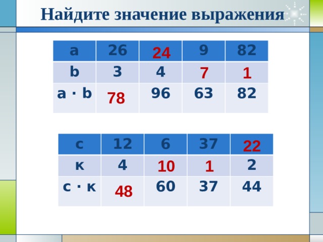 Найдите значение выражения 24 а 26 b 3 a · b 9 4 82 96 63 82 1 7 78 22 с к 12 с · к 6 4 37 60 37 2 44 1 10 48 