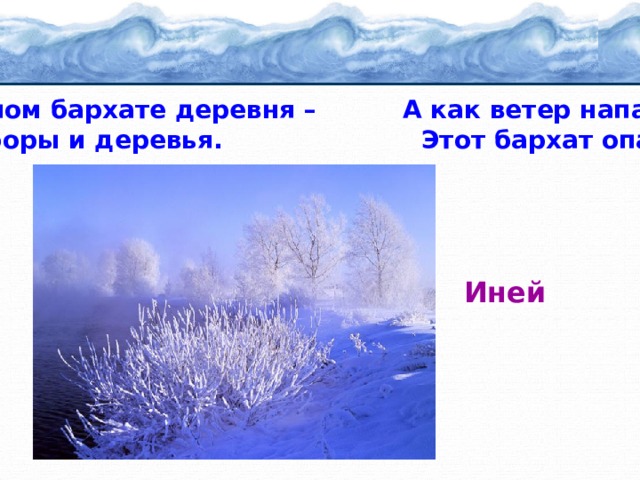 В белом бархате деревня – А как ветер нападёт, И заборы и деревья. Этот бархат опадёт.  Иней 