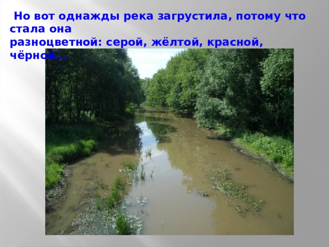  Но вот однажды река загрустила, потому что стала она разноцветной: серой, жёлтой, красной, чёрной… 