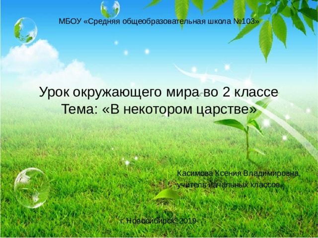 МБОУ «Средняя общеобразовательная школа №103» Урок окружающего мира во 2 классе Тема: «В некотором царстве» Касимова Ксения Владимировна, учитель начальных классов г. Новосибирск, 2019 