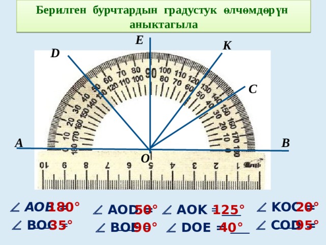 Берилген бурчтардын градустук өлчөмдөрүн аныктагыла E K D C В А О   KOC = ___   AOB = ___ 180° 20°   AOK = ___ 50° 125°   AOD = ___   BOC = ___ 95°   COD = ___ 35°   BOE = ___ 40° 90°   DOE = ___ 