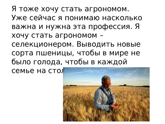 Я тоже хочу стать агрономом.  Уже сейчас я понимаю насколько важна и нужна эта профессия. Я хочу стать агрономом – селекционером. Выводить новые сорта пшеницы, чтобы в мире не было голода, чтобы в каждой семье на столе был хлеб. 