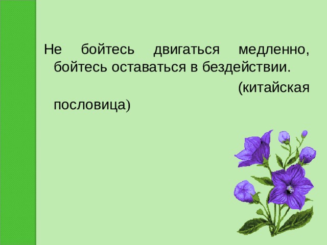 Не бойтесь двигаться медленно, бойтесь оставаться в бездействии.  (китайская пословица ) 