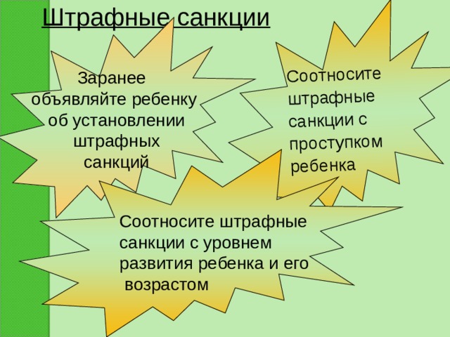 Штрафные санкции Соотносите штрафные санкции с проступком ребенка Заранее объявляйте ребенку  об установлении  штрафных  санкций Соотносите штрафные санкции с уровнем развития ребенка и его  возрастом 