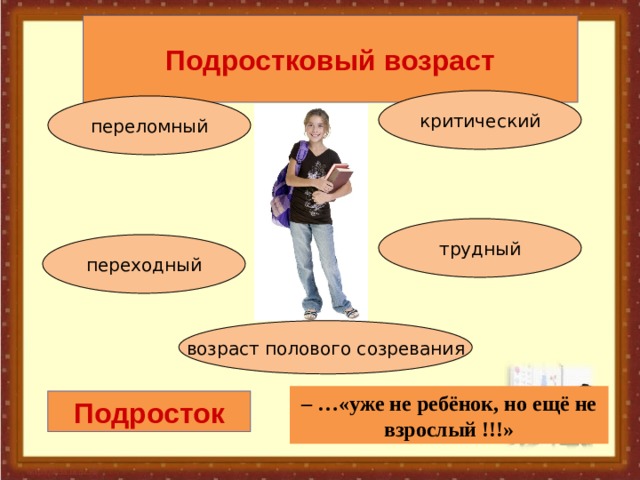 Подростковый возраст критический переломный трудный переходный возраст полового созревания – … «уже не ребёнок, но ещё не взрослый !!!» Подросток 