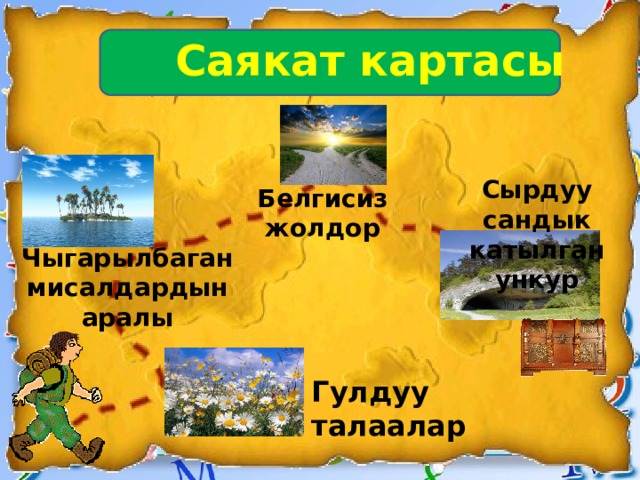 Саякат картасы Сырдуу сандык катылган ункур Белгисиз жолдор Чыгарылбаган мисалдардын аралы Гулдуу талаалар 