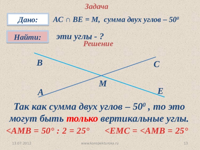 Задача АС ∩ ВЕ = М, сумма двух углов – 50 0 Дано: эти углы - ? Найти: Решение В С М Е A Так как сумма двух углов – 50 0 , то это могут быть только вертикальные углы.  ° : 2 = 25 °  °  www.konspekturoka.ru 10 13.07.2012 