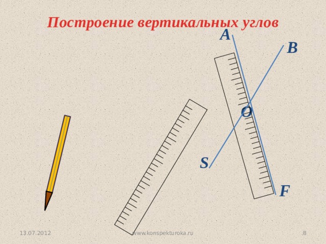 Построение вертикальных углов   А В O S F 13.07.2012 8 www.konspekturoka.ru 