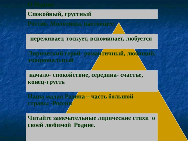 О Родине Спокойный, грустный Россия, Молотицы, настоящее.  переживает, тоскует, вспоминает, любуется Лирический герой- романтичный, любящий, эмоциональный  начало- спокойствие, середина- счастье, конец-грусть Наша малая Родина – часть большой страны -России Читайте замечательные лирические стихи о своей любимой Родине.