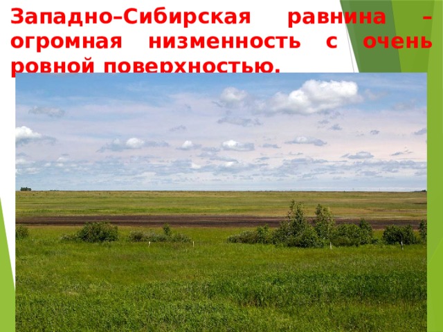 Западно–Сибирская равнина – огромная низменность с очень ровной поверхностью. 