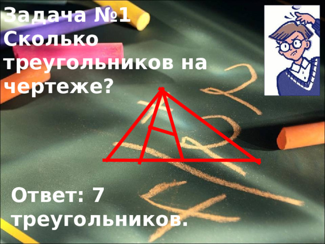 Задача №1 Сколько треугольников на чертеже? Ответ: 7 треугольников. 