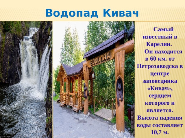 Водопад Кивач  Самый известный в Карелии. Он находится в 60 км. от Петрозаводска в центре заповедника «Кивач», сердцем которого и является. Высота падения воды составляет 10,7 м.