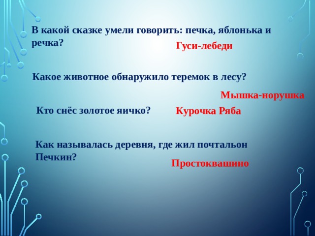 В какой сказке умели говорить: печка, яблонька и речка? Гуси-лебеди Какое животное обнаружило теремок в лесу? Мышка-норушка Кто снёс золотое яичко?  Курочка Ряба Как называлась деревня, где жил почтальон Печкин? Простоквашино 
