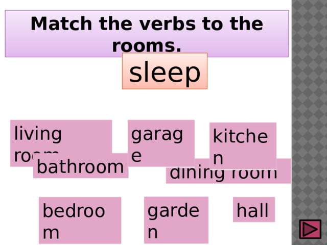 Match the verbs to the rooms. sleep living room garage kitchen bathroom dining room garden bedroom hall 