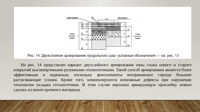 На рис. 14 представлен вариант двухслойного армирования зоны стыка нового и старого покрытий высокопрочными рулонными геосинтетиками. Такой способ армирования является более эффективным и надежным, поскольку армоэлементы воспринимают гораздо большие растягивающие усилия. Кроме того, компенсируются возможные дефекты при нарушении технологии укладки геосинтетиков. В этом случае верхнюю армирующую прослойку можно сделать из менее прочного материала. 