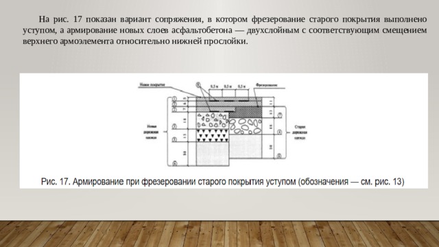На рис. 17 показан вариант сопряжения, в котором фрезерование старого покрытия выполнено уступом, а армирование новых слоев асфальтобетона — двухслойным с соответствующим смещением верхнего армоэлемента относительно нижней прослойки. 