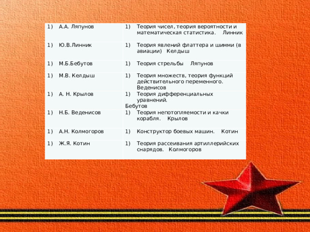А.А. Ляпунов Теория чисел, теория вероятности и математическая статистика. Линник Ю.В.Линник Теория явлений флаттера и шимми (в авиации) Келдыш М.Б.Бебутов Теория стрельбы Ляпунов М.В. Келдыш А. Н. Крылов Теория множеств, теория функций действительного переменного. Веденисов Теория дифференциальных уравнений. Н.Б. Веденисов Бебутов Теория непотопляемости и качки корабля. Крылов А.Н. Колмогоров Конструктор боевых машин. Котин Ж.Я. Котин Теория рассеивания артиллерийских снарядов. Колмогоров 