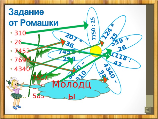 1118 : 43 207 * 36 559 + 26 124 * 35 4340 – 585 8000 – 310 310 26 7452 7690 4340 …… .. 7507 ……… 3755 …… … 585 7452 + 298 Молодцы 