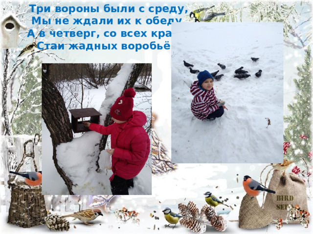 Три вороны были с среду, Мы не ждали их к обеду. А в четверг, со всех краев- Стаи жадных воробьёв. 