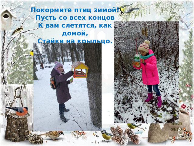 Покормите птиц зимой! Пусть со всех концов К вам слетятся, как домой, Стайки на крыльцо.  