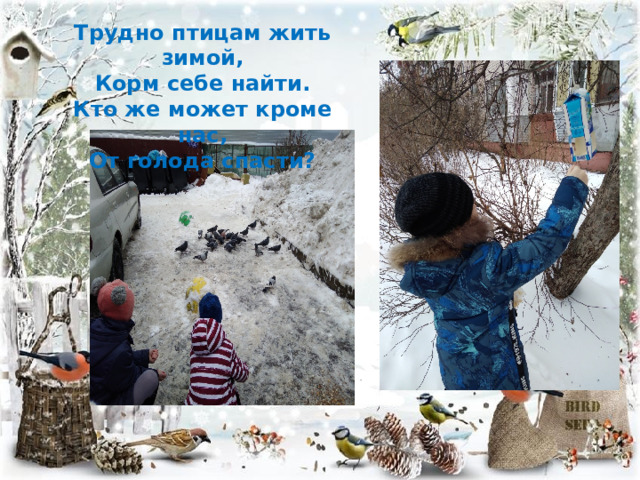 Трудно птицам жить зимой, Корм себе найти. Кто же может кроме нас, От голода спасти? 