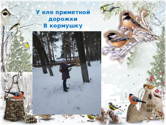 У еле приметной дорожки В кормушку насыпаны Зерна и крошки. 
