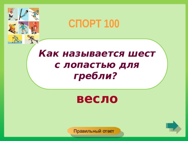 СПОРТ 100 Как называется шест с лопастью для гребли? весло Правильный ответ 