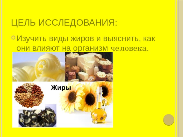 Цель исследования: Изучить виды жиров и выяснить, как они влияют на организм человека. 