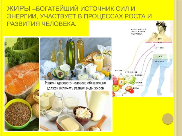 Жиры –богатейший источник сил и энергии, участвует в процессах роста и развития человека. 
