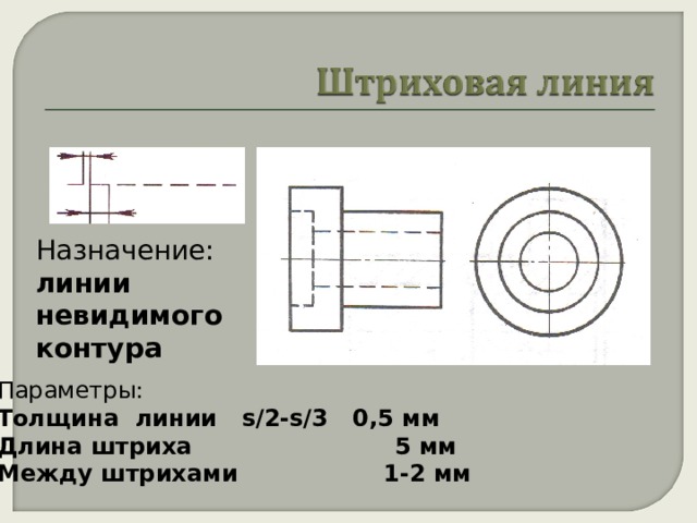Назначение: линии невидимого контура  Параметры: Толщина линии s/2-s/3  0 ,5 мм Длина штриха 5 мм Между штрихами 1-2 мм 