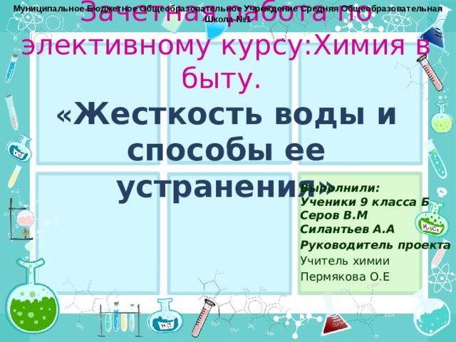 Муниципальное Бюджетное Общеобразовательное Учреждение Средняя Общеобразовательная Школа №1 Зачетная работа по элективному курсу:Химия в быту.  « Жесткость воды и способы ее устранения» Выполнили:  Ученики 9 класса Б  Серов В.М  Силантьев А.А Руководитель проекта Учитель химии Пермякова О.Е 