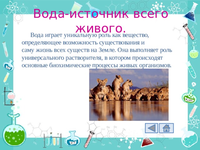 Вода-источник всего живого.  Вода играет уникальную роль как вещество, определяющее возможность существования и саму жизнь всех существ на Земле. Она выполняет роль универсального растворителя, в котором происходят основные биохимические процессы живых организмов. 