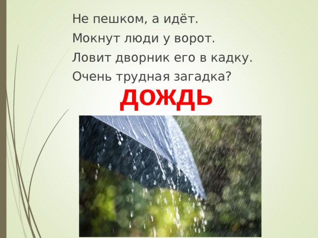 Не пешком, а идёт. Мокнут люди у ворот. Ловит дворник его в кадку. Очень трудная загадка? дождь 