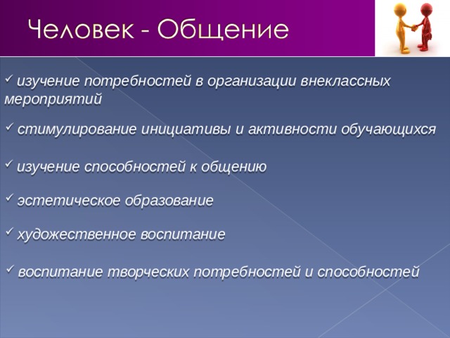  изучение потребностей в организации внеклассных мероприятий   стимулирование инициативы и активности обучающихся   изучение способностей к общению   эстетическое образование   художественное воспитание   воспитание творческих потребностей и способностей  