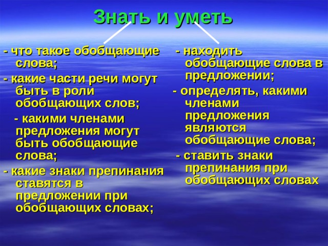 Знать и уметь - что такое обобщающие слова; - какие части речи могут быть в роли обобщающих слов;  - какими членами предложения могут быть обобщающие слова; - какие знаки препинания ставятся в предложении при обобщающих словах;  - находить обобщающие слова в предложении; - определять, какими членами предложения являются обобщающие слова;  - ставить знаки препинания при обобщающих словах 