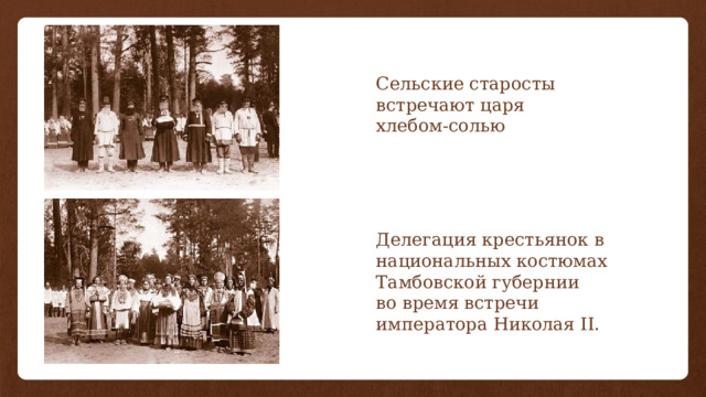 Сельские старосты встречают царя хлебом-солью Делегация крестьянок в национальных костюмах Тамбовской губернии  во время встречи императора Николая II. 
