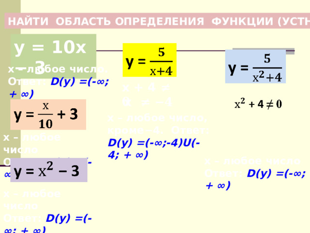 НАЙТИ ОБЛАСТЬ ОПРЕДЕЛЕНИЯ ФУНКЦИИ (УСТНО) у = 10х −  3 х – любое число. Ответ: D(y) =(- ∞ ; + ∞ )    х + 4 ≠ 0 х ≠ −4 х – любое число, кроме−4. Ответ: D(y) =(- ∞ ;-4) U (-4; + ∞ )      х – любое число Ответ: D(y) =(- ∞ ; + ∞ )     х – любое число Ответ: D(y) =(- ∞ ; + ∞ )     х – любое число Ответ: D(y) =(- ∞ ; + ∞ )     