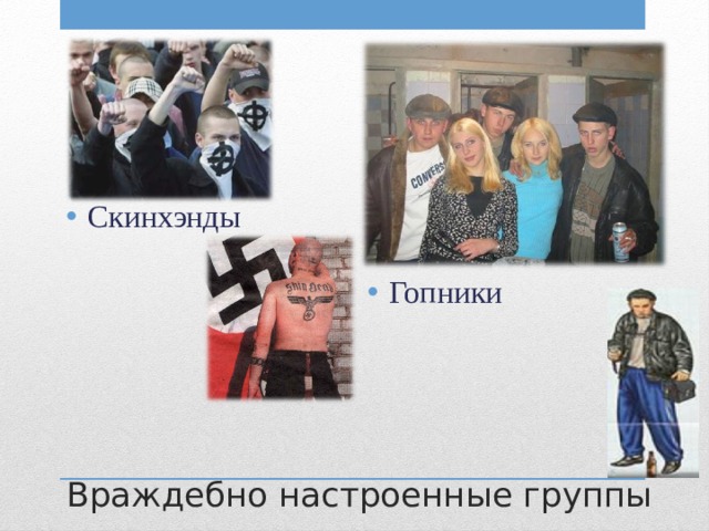 Скинхэнды Гопники Враждебно настроенные группы 