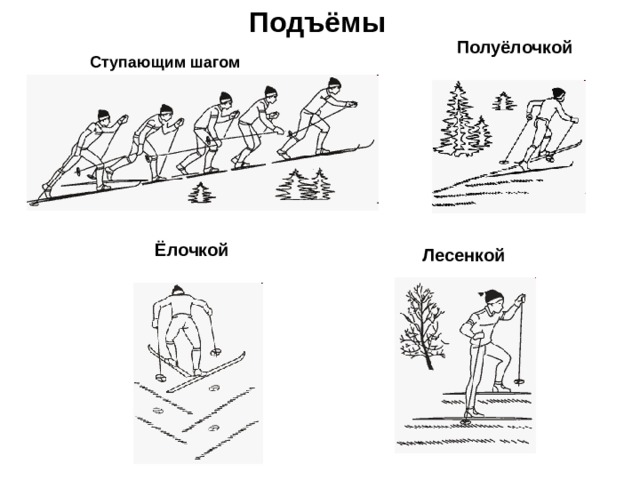 Подъёмы Полуёлочкой Ступающим шагом Ёлочкой Лесенкой 